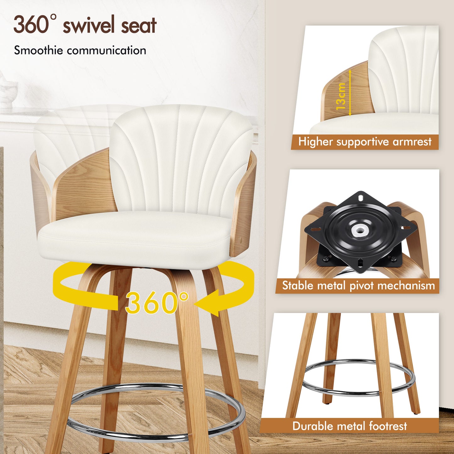 ALFORDSON 2x Swivel Bar Stools Alice Kitchen Wooden Dining Chair White