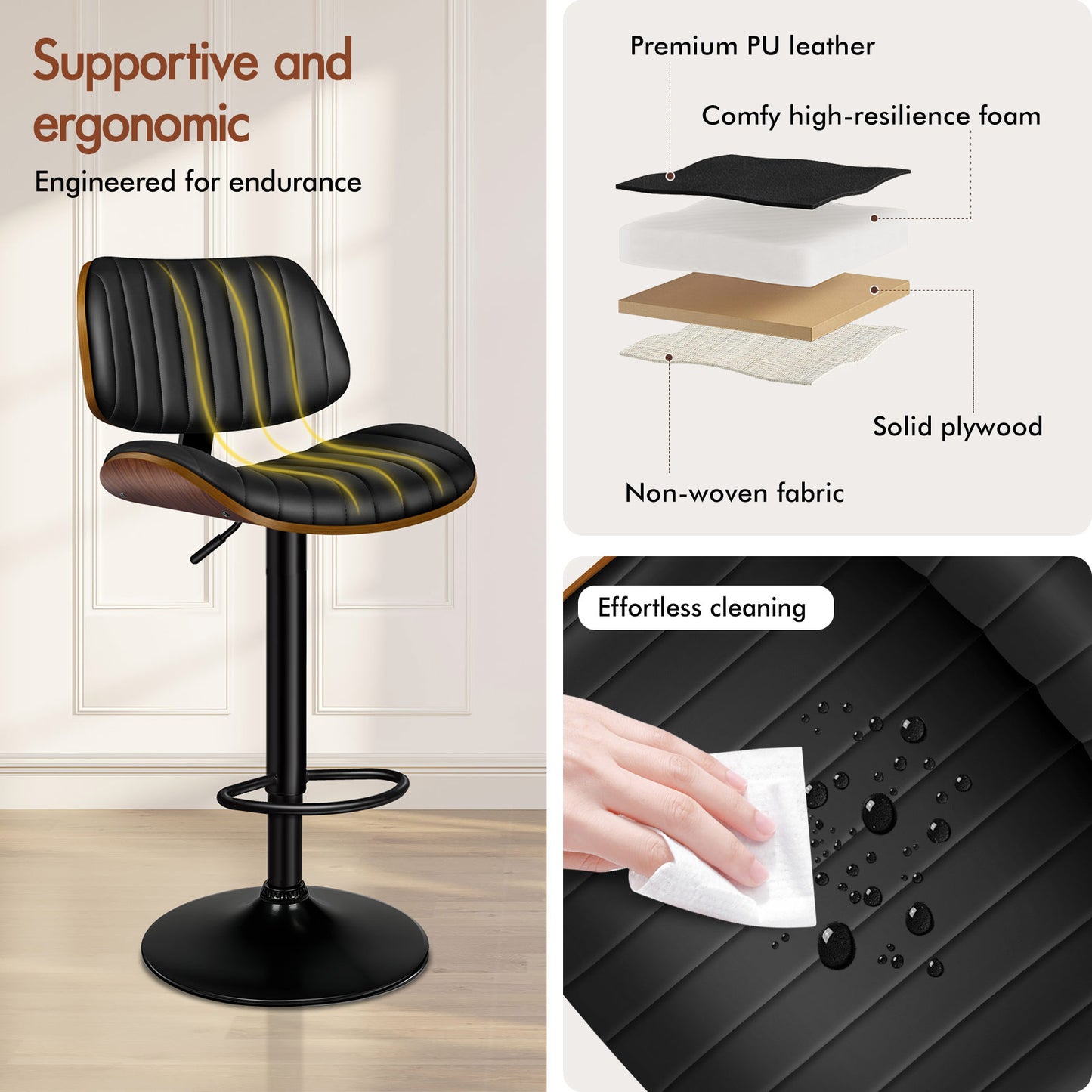 ALFORDSON 1x Bar Stool Kitchen Swivel Chair Wooden Leather Gas Lift Black