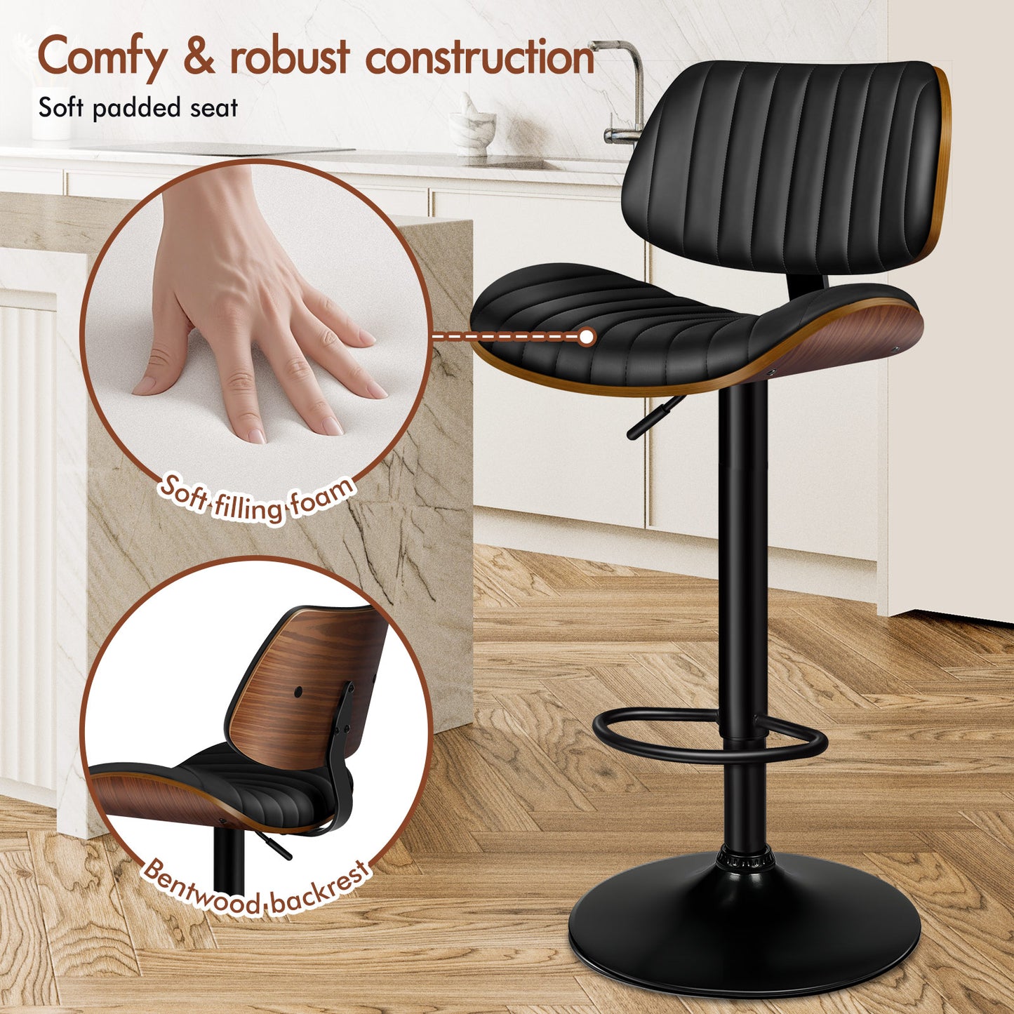 ALFORDSON 1x Bar Stool Kitchen Swivel Chair Wooden Leather Gas Lift Black