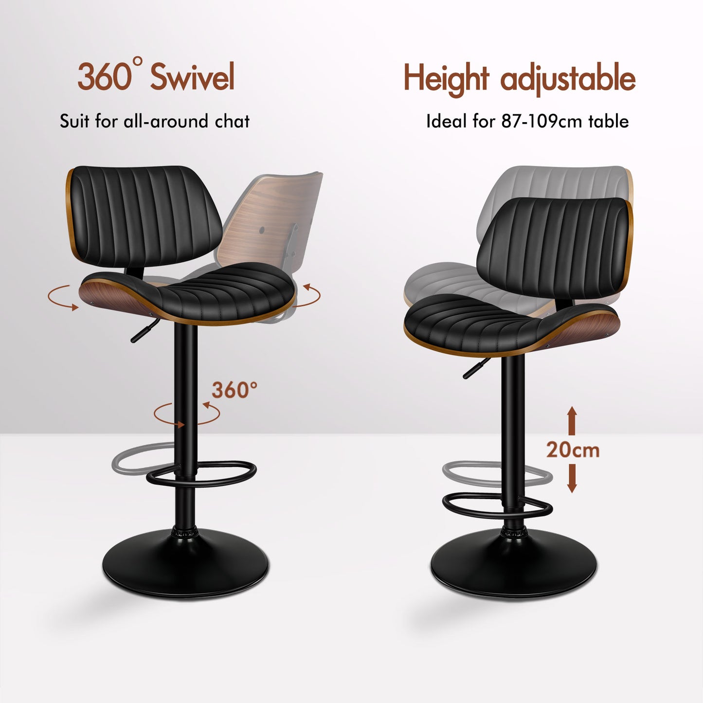 ALFORDSON 1x Bar Stool Kitchen Swivel Chair Wooden Leather Gas Lift Black