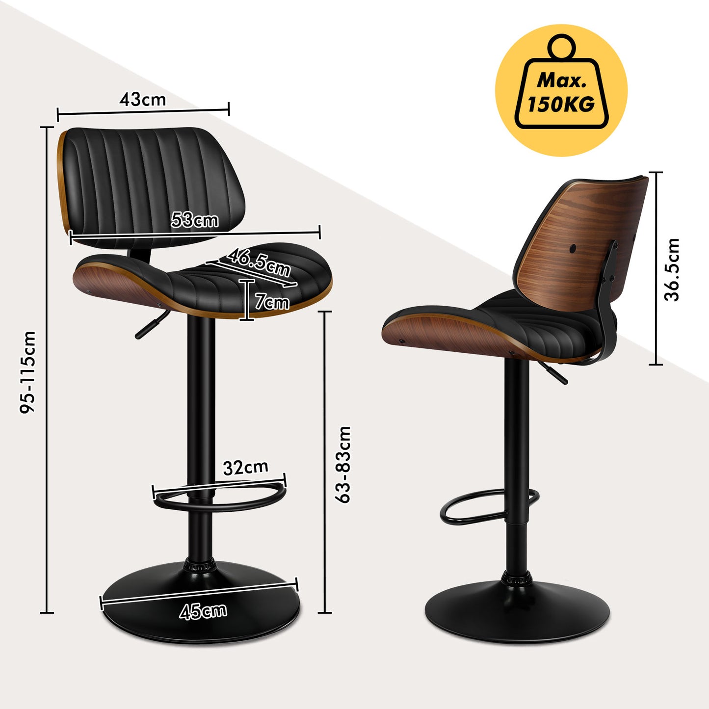 ALFORDSON 1x Bar Stool Kitchen Swivel Chair Wooden Leather Gas Lift Black