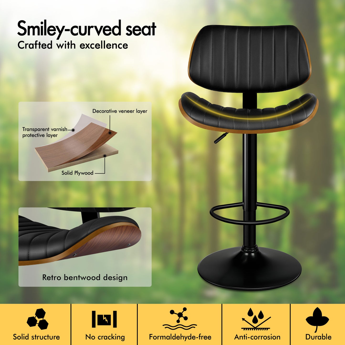 ALFORDSON 1x Bar Stool Kitchen Swivel Chair Wooden Leather Gas Lift Black