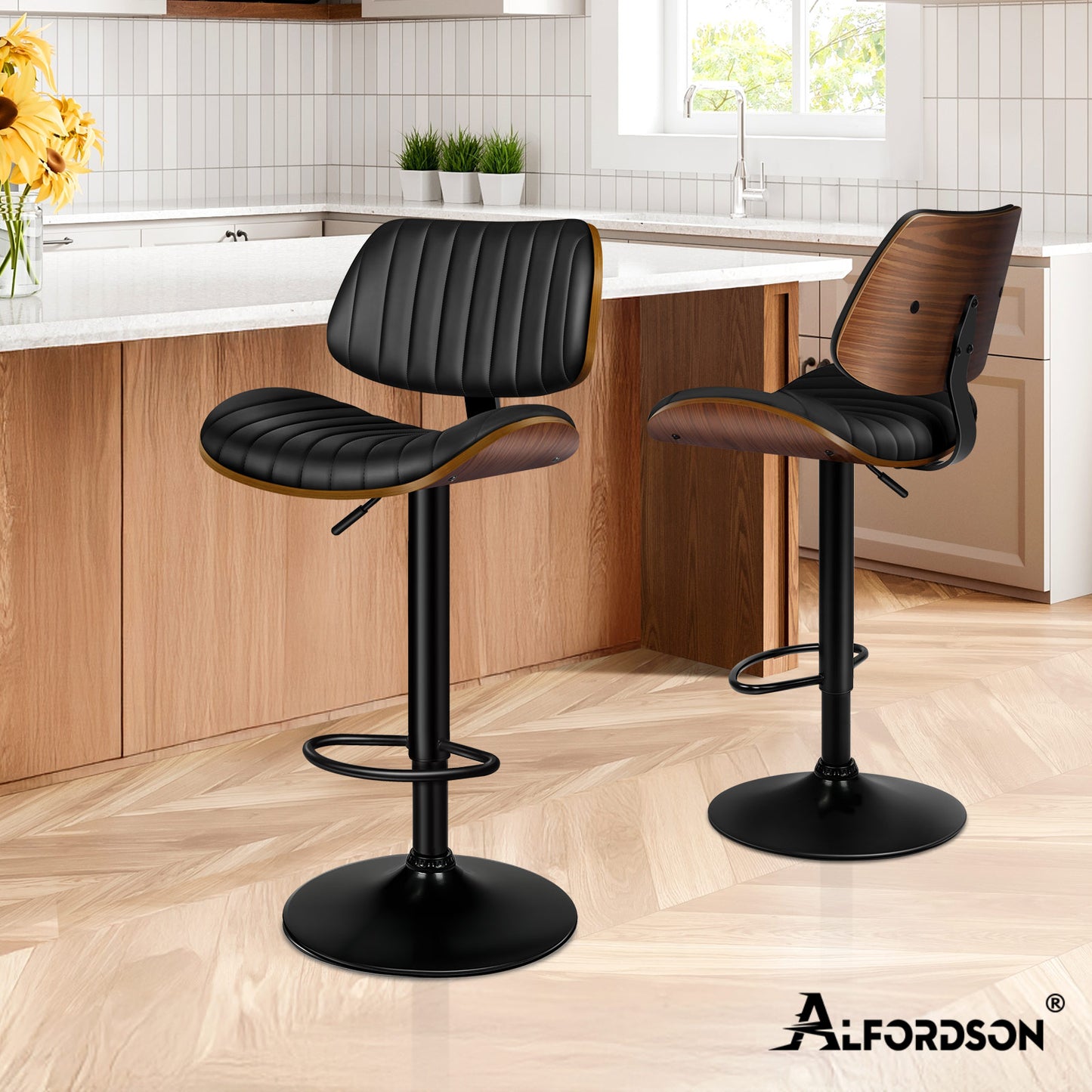 ALFORDSON 1x Bar Stool Kitchen Swivel Chair Wooden Leather Gas Lift Black