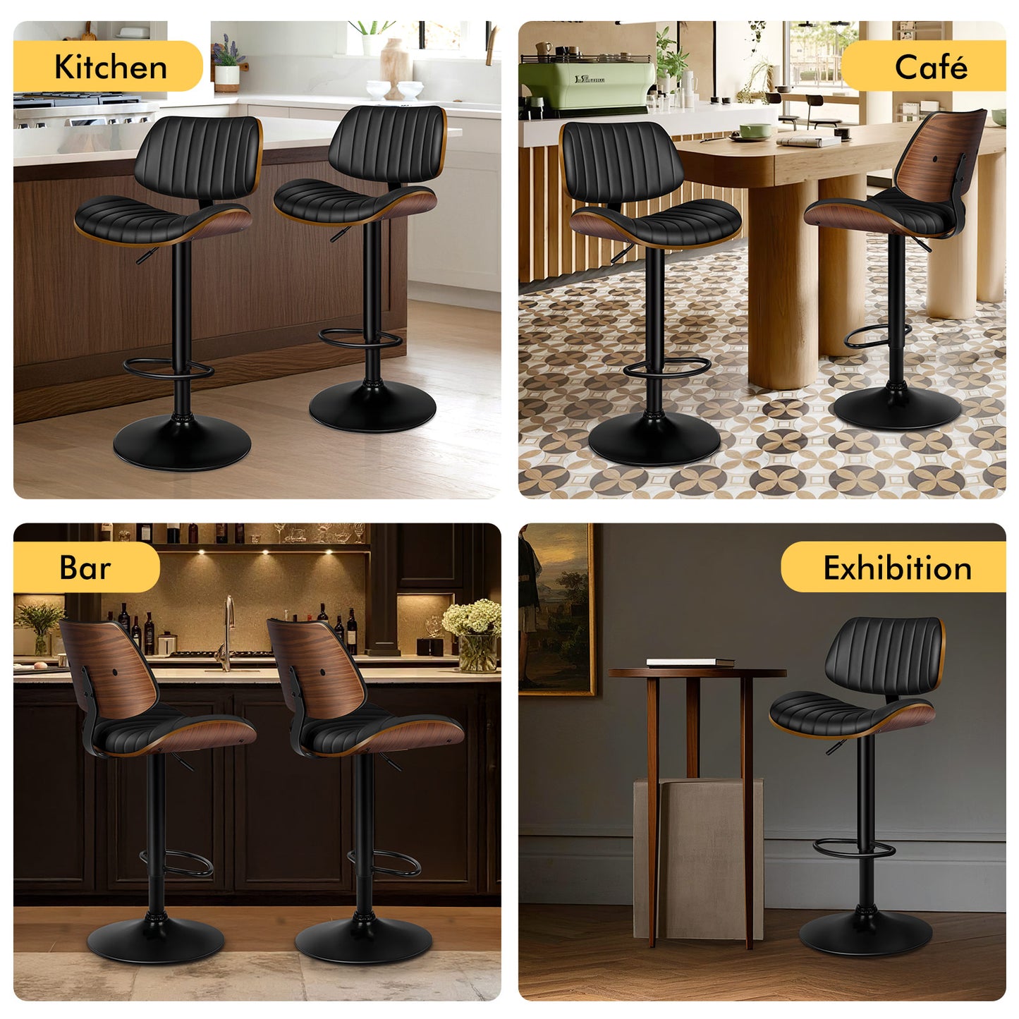 ALFORDSON 2x Bar Stool Kitchen Swivel Chair Wooden Leather Gas Lift Black