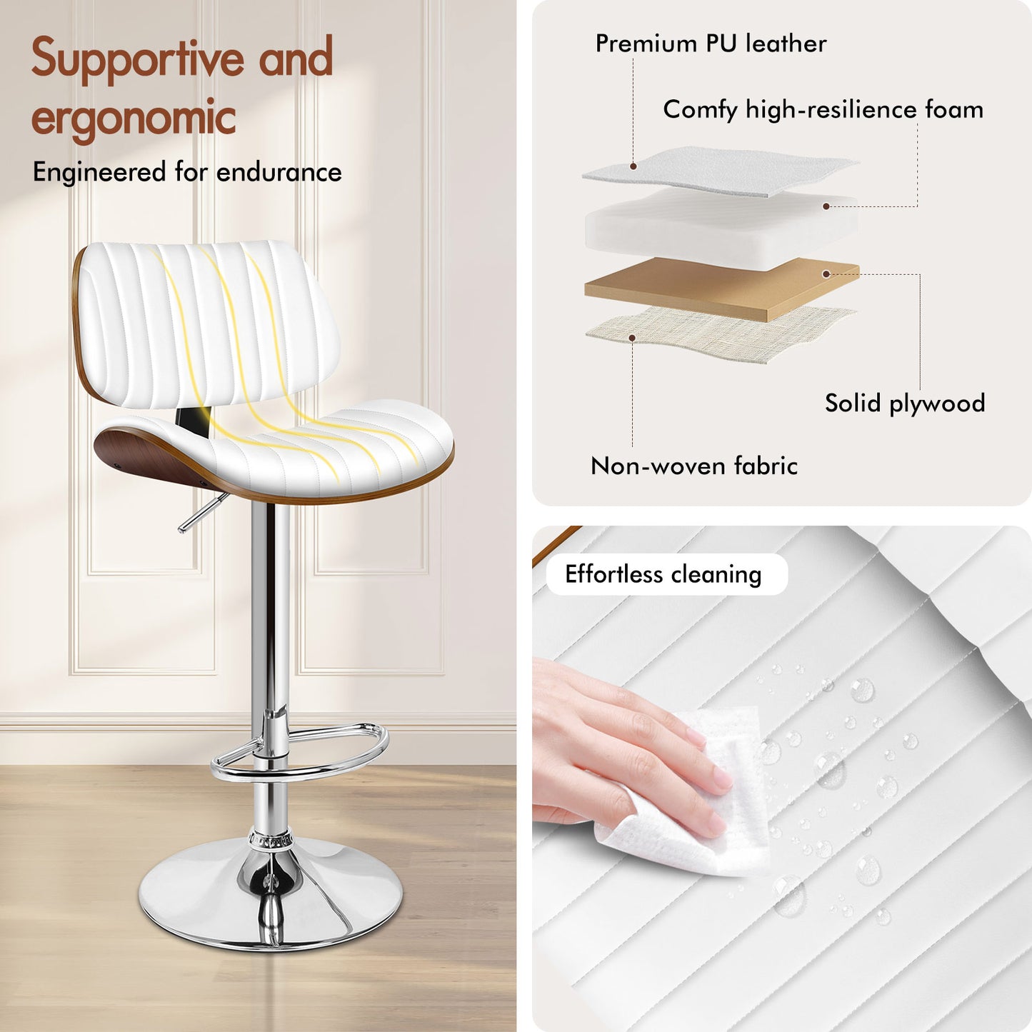 ALFORDSON 1x Bar Stool Kitchen Swivel Chair Wooden Leather Gas Lift White