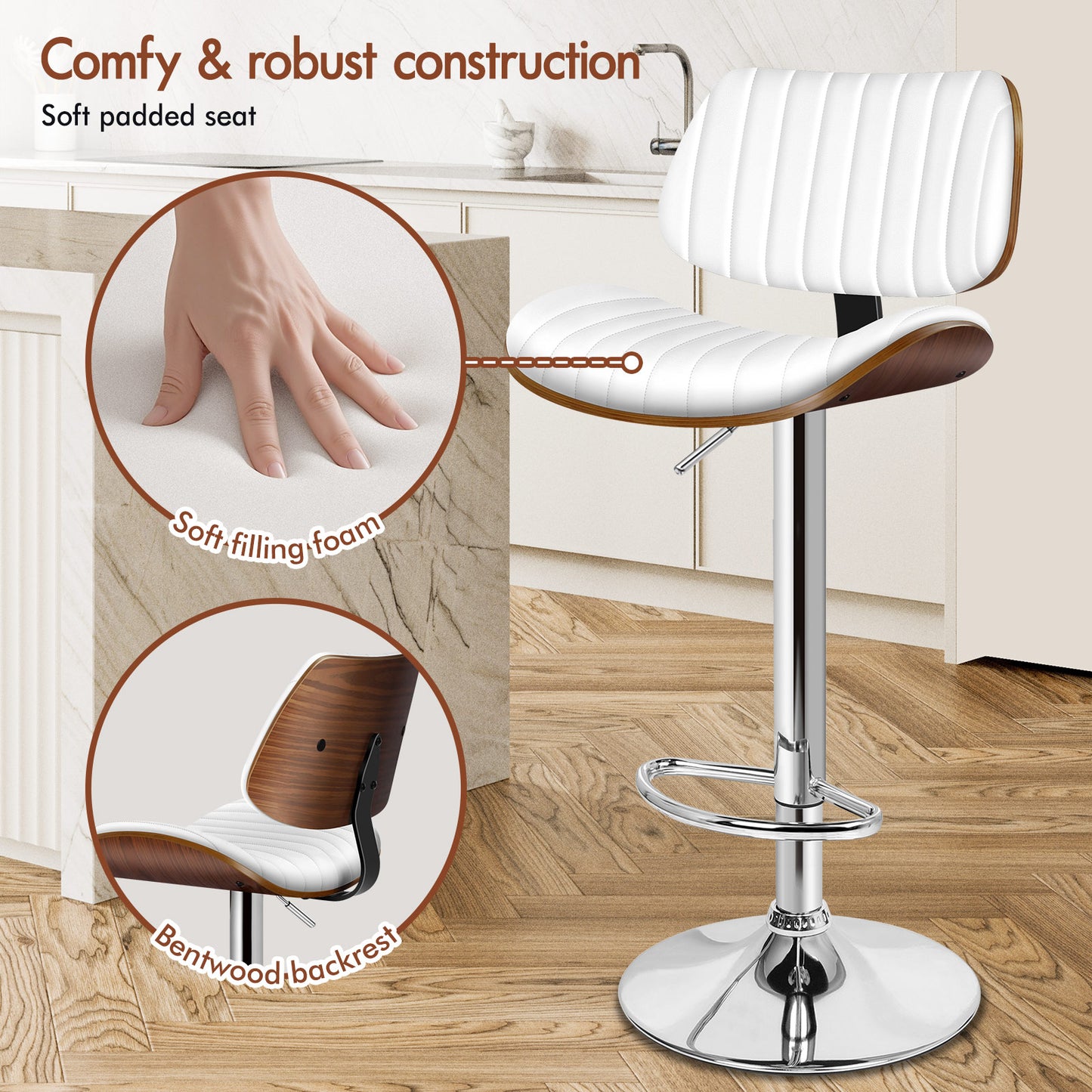 ALFORDSON 1x Bar Stool Kitchen Swivel Chair Wooden Leather Gas Lift White