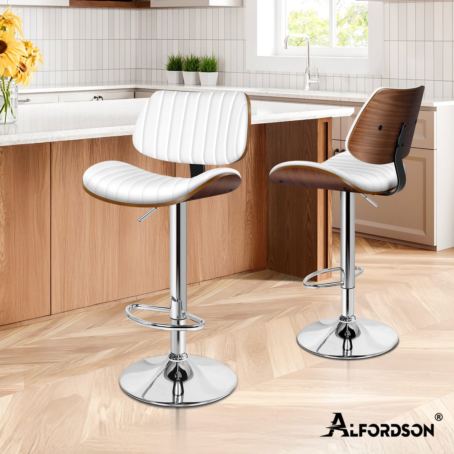 ALFORDSON 1x Bar Stool Kitchen Swivel Chair Wooden Leather Gas Lift White