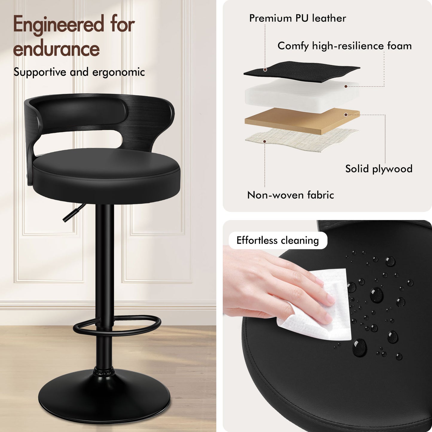 ALFORDSON 2x Bar Stool Kitchen Swivel Chair Wooden Leather Ramiro All Black