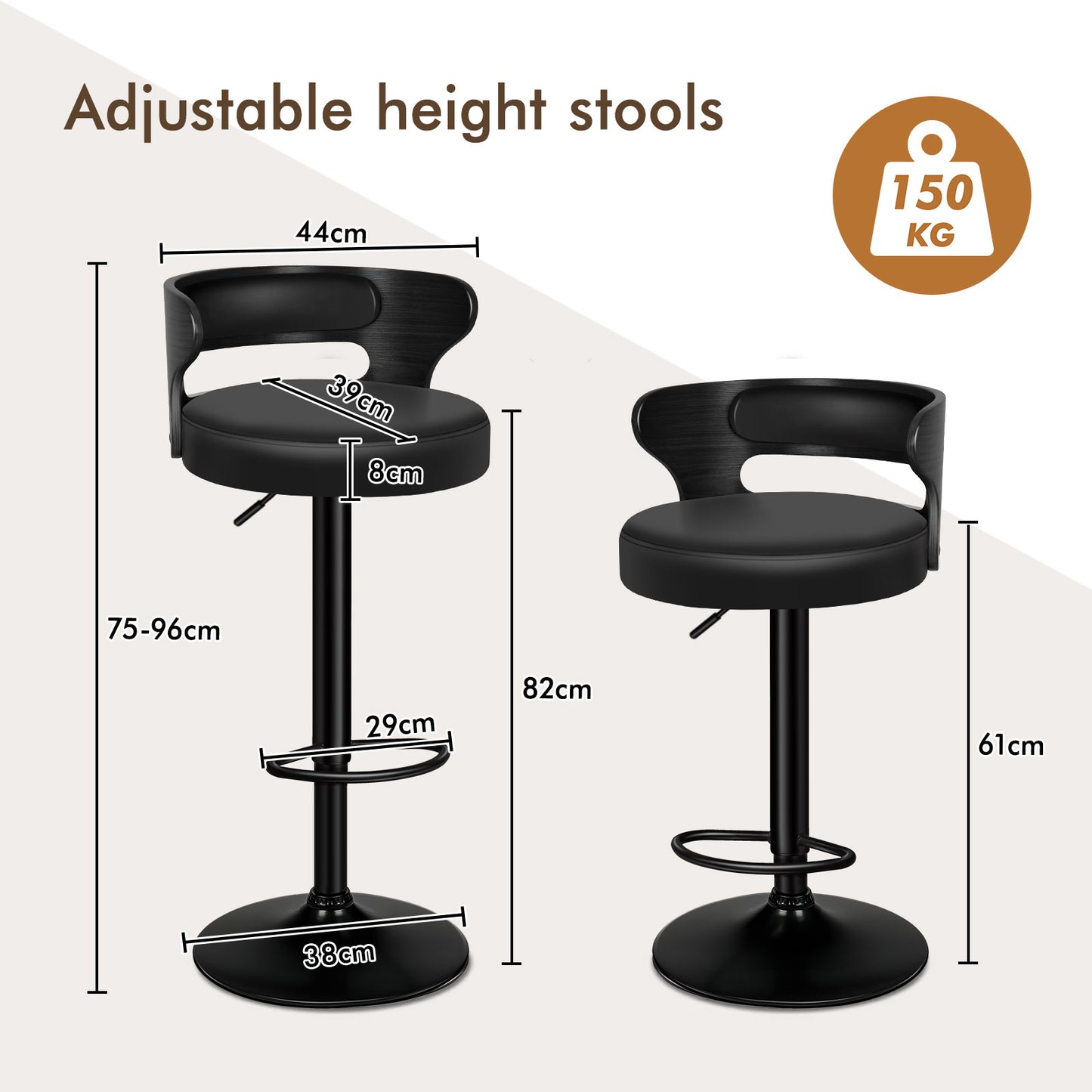 ALFORDSON 2x Bar Stool Kitchen Swivel Chair Wooden Leather Ramiro All Black