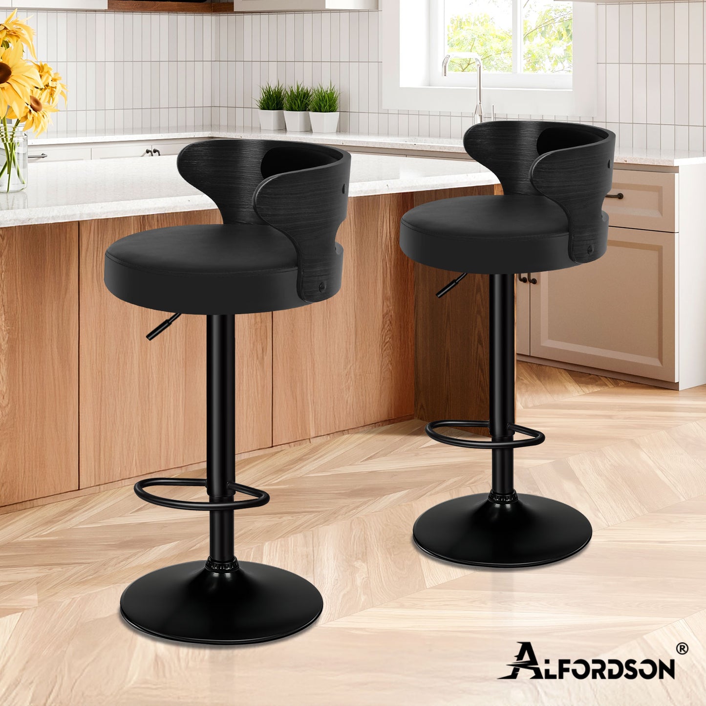 ALFORDSON 2x Bar Stool Kitchen Swivel Chair Wooden Leather Ramiro All Black