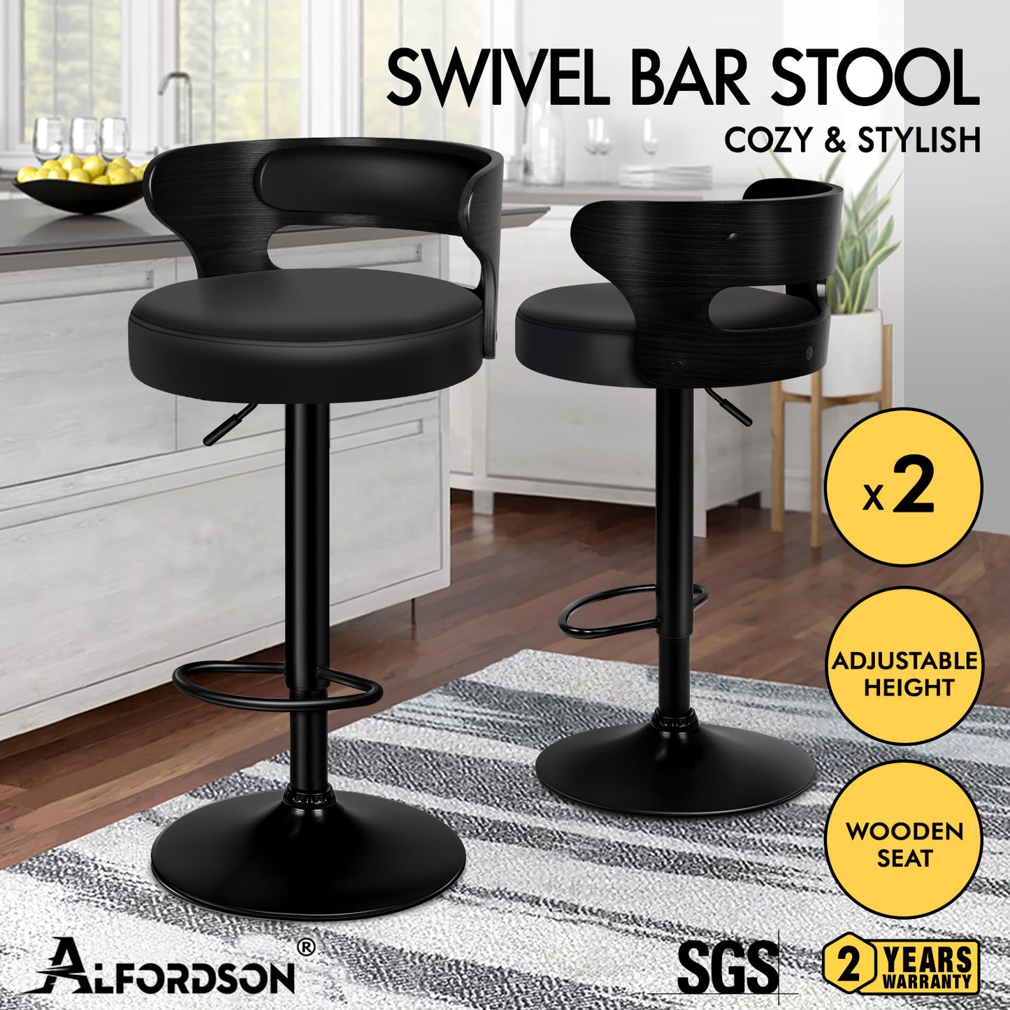 ALFORDSON 2x Bar Stool Kitchen Swivel Chair Wooden Leather Ramiro All Black