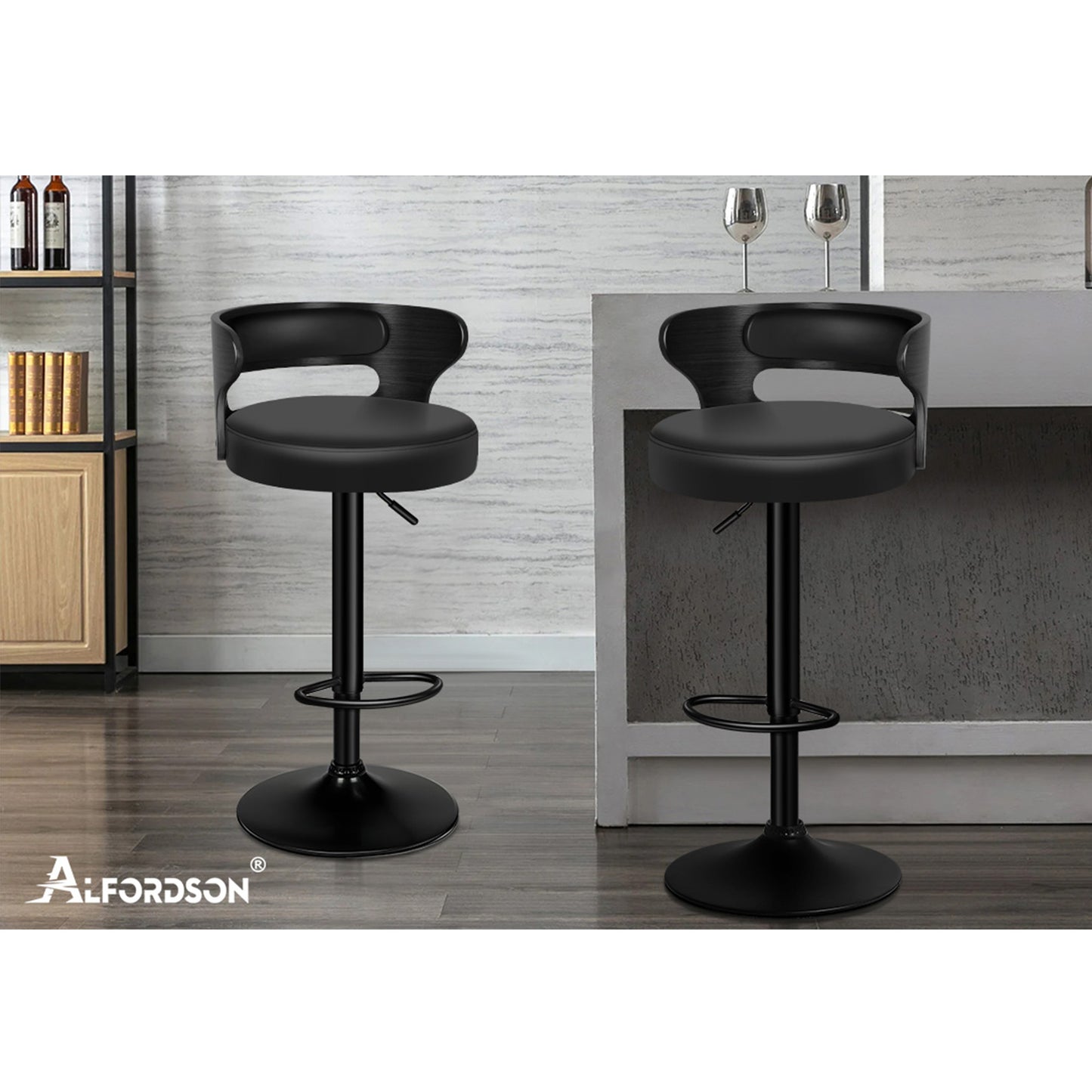 ALFORDSON 2x Bar Stool Kitchen Swivel Chair Wooden Leather Ramiro All Black