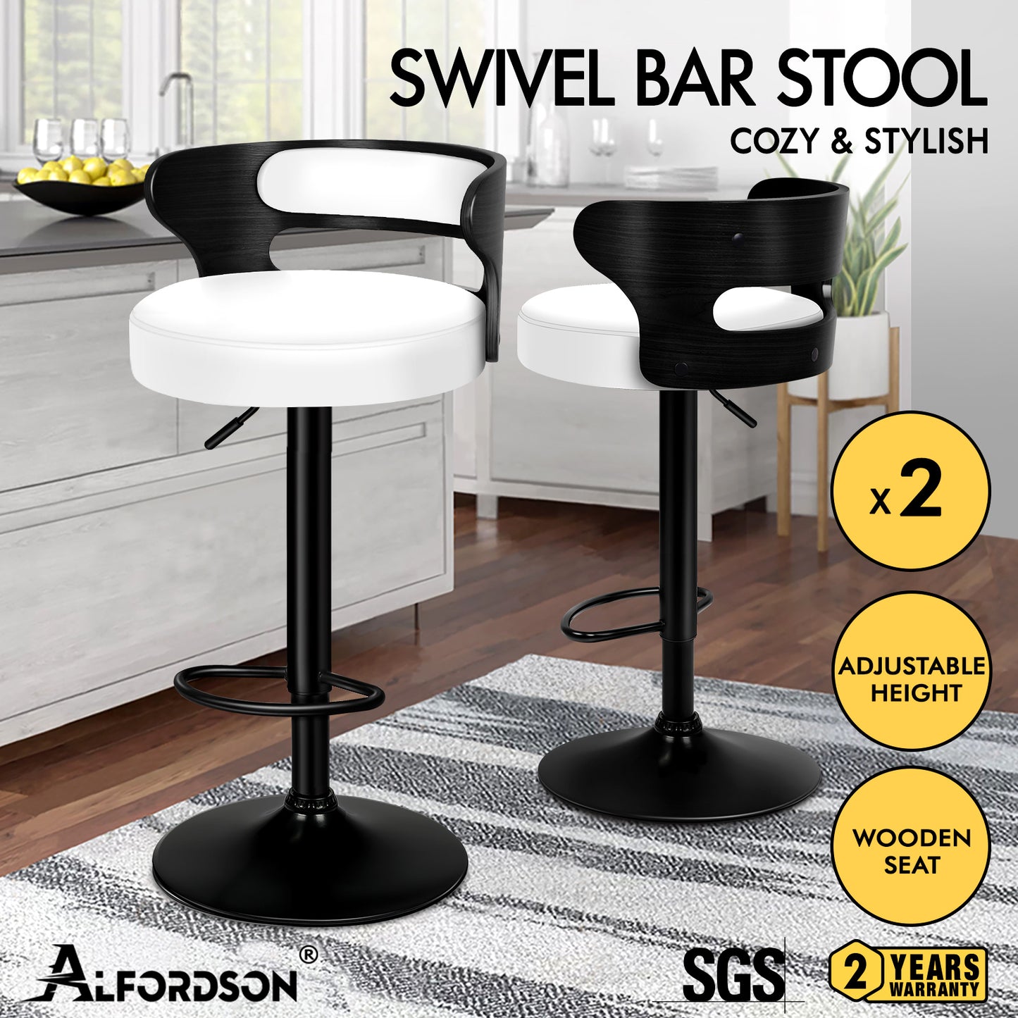 ALFORDSON 2x Bar Stool Kitchen Swivel Chair Wooden Leather Gas Lift Ramiro White