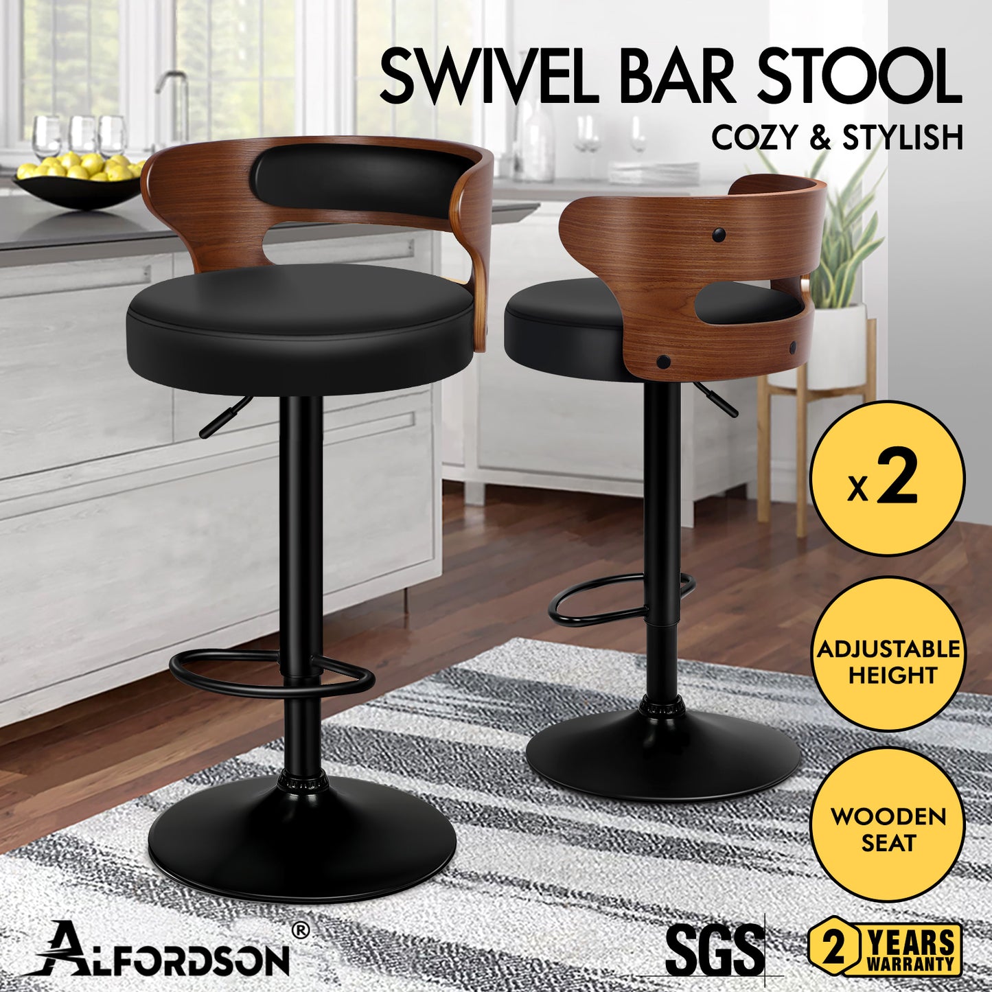 ALFORDSON 2x Bar Stool Kitchen Swivel Chair Wooden Leather Gas Lift Ramiro