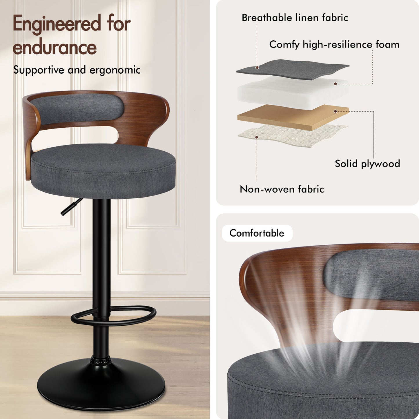 ALFORDSON 2x Bar Stool Kitchen Swivel Chair Wooden Linen Fabric Ramiro Grey