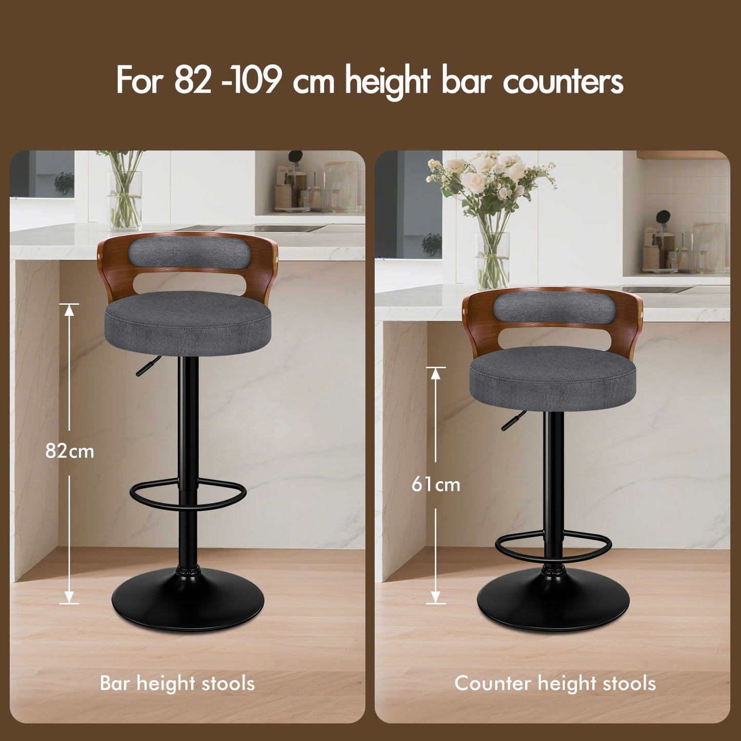 ALFORDSON 2x Bar Stool Kitchen Swivel Chair Wooden Linen Fabric Ramiro Grey