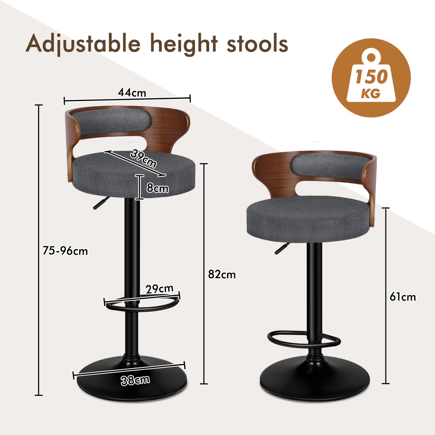 ALFORDSON 2x Bar Stool Kitchen Swivel Chair Wooden Linen Fabric Ramiro Grey