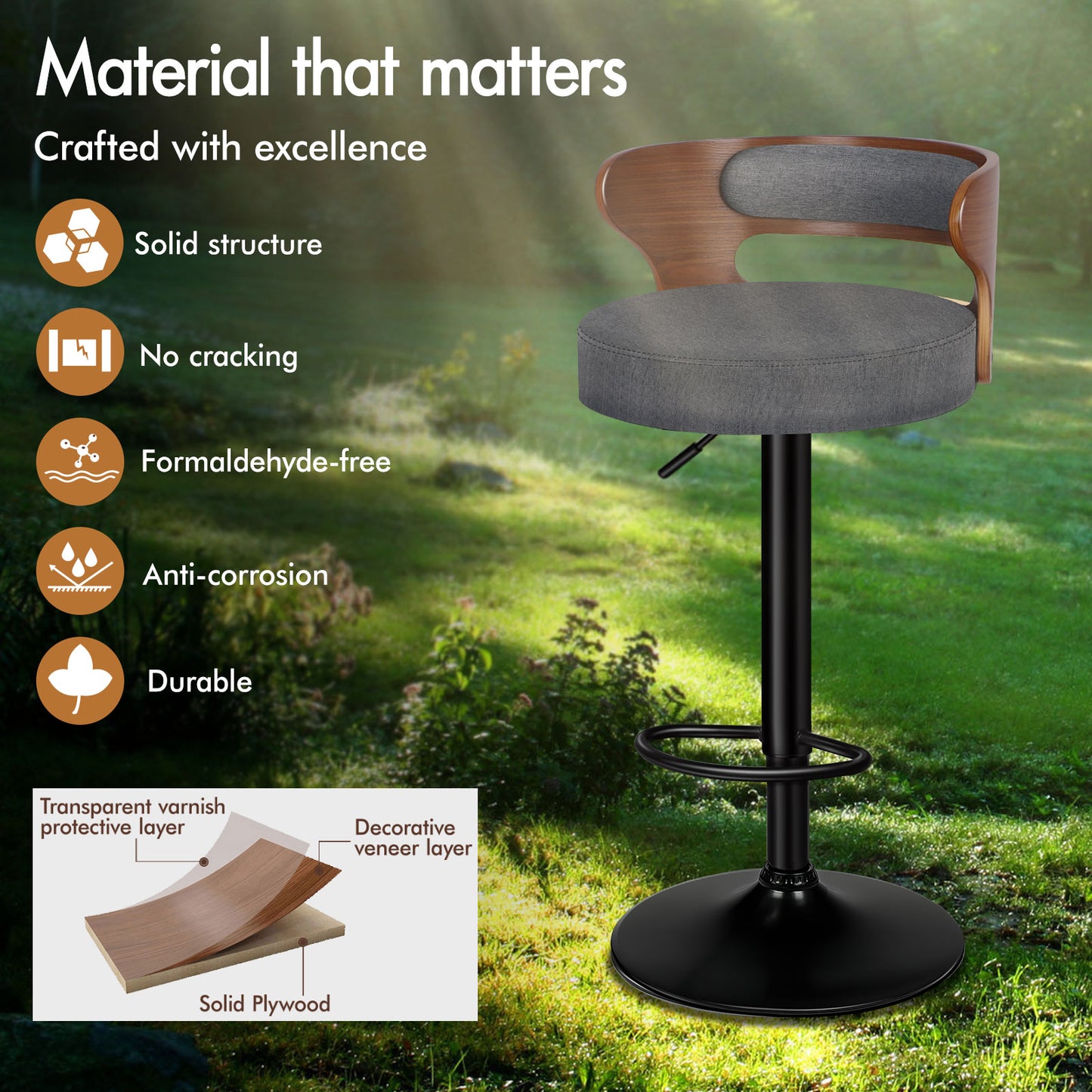 ALFORDSON 2x Bar Stool Kitchen Swivel Chair Wooden Linen Fabric Ramiro Grey