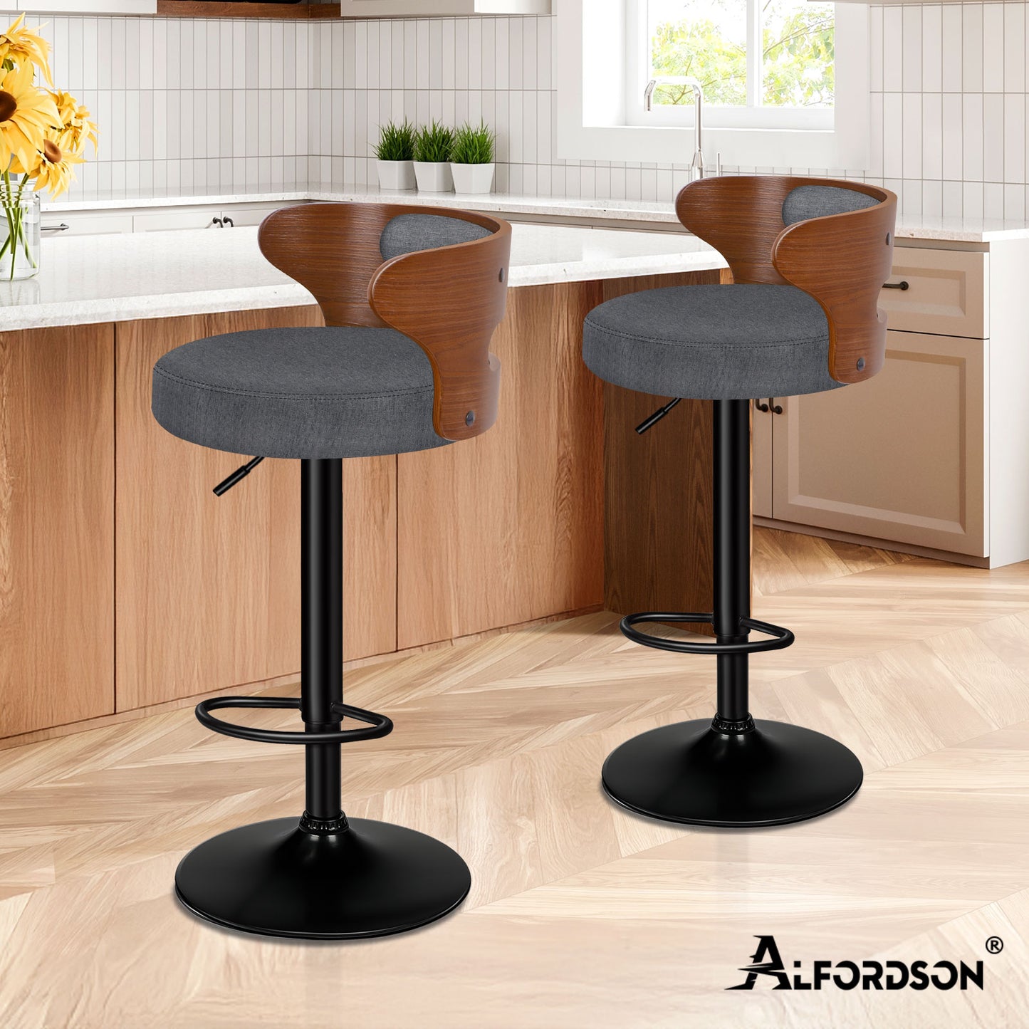ALFORDSON 2x Bar Stool Kitchen Swivel Chair Wooden Linen Fabric Ramiro Grey