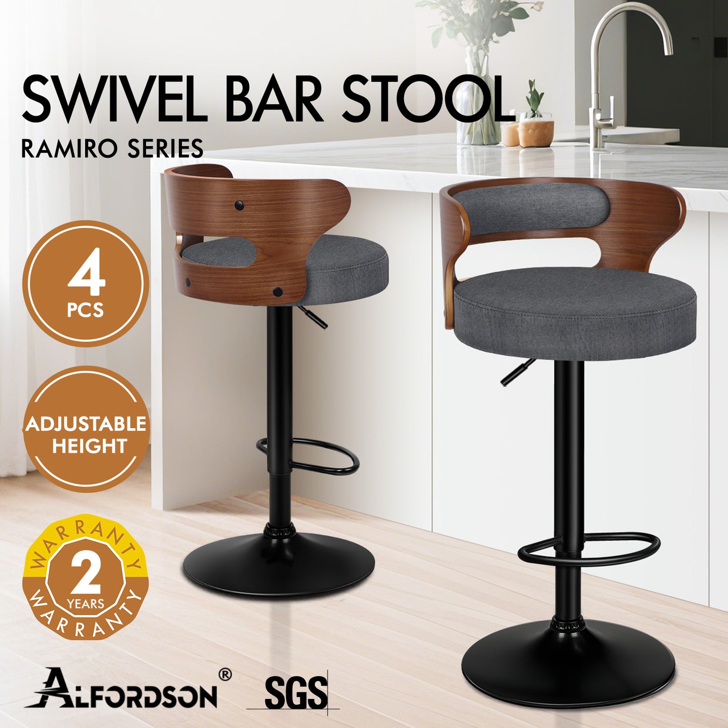 ALFORDSON 4x Bar Stool Kitchen Swivel Chair Wooden Linen Fabric Ramiro Grey