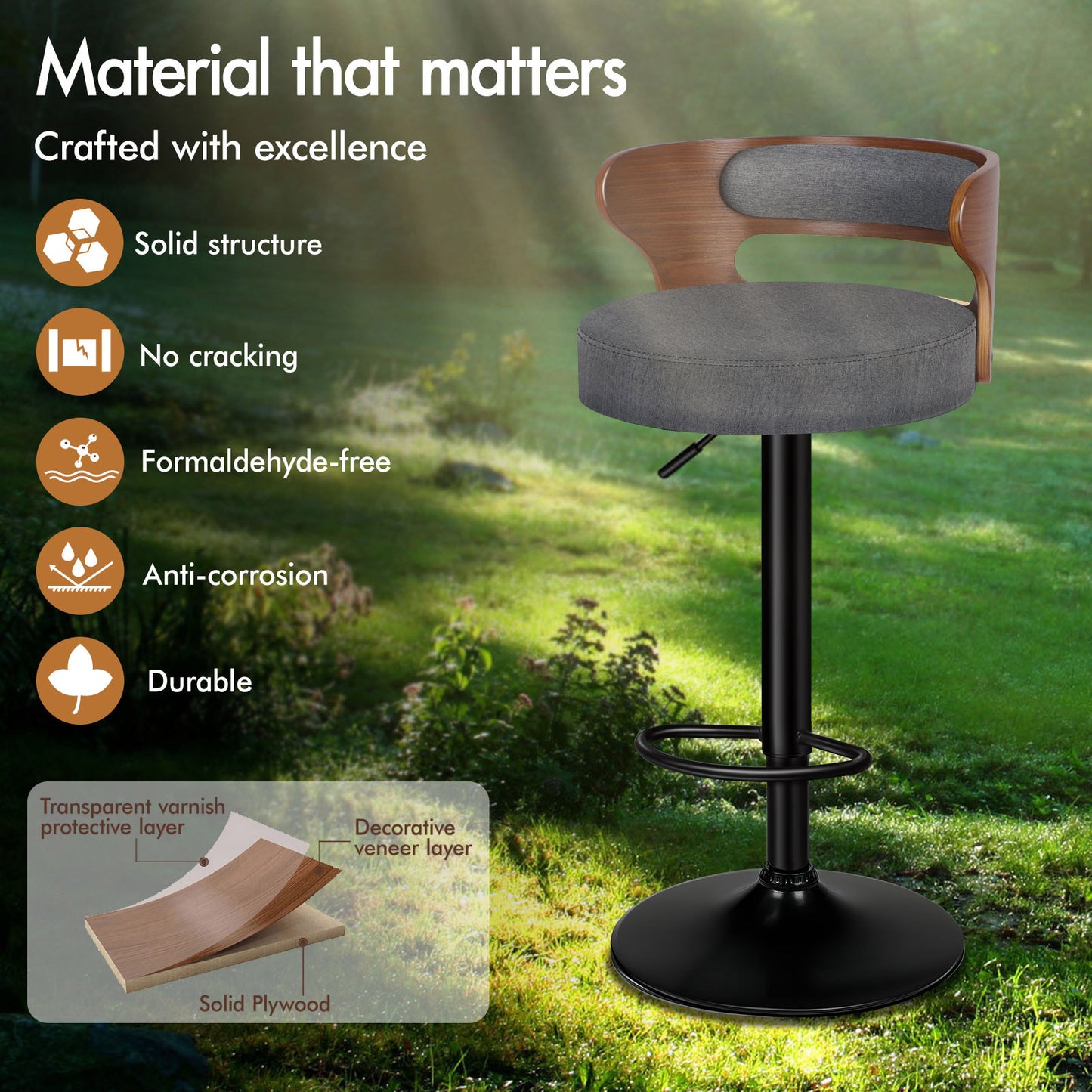 ALFORDSON 4x Bar Stool Kitchen Swivel Chair Wooden Linen Fabric Ramiro Grey