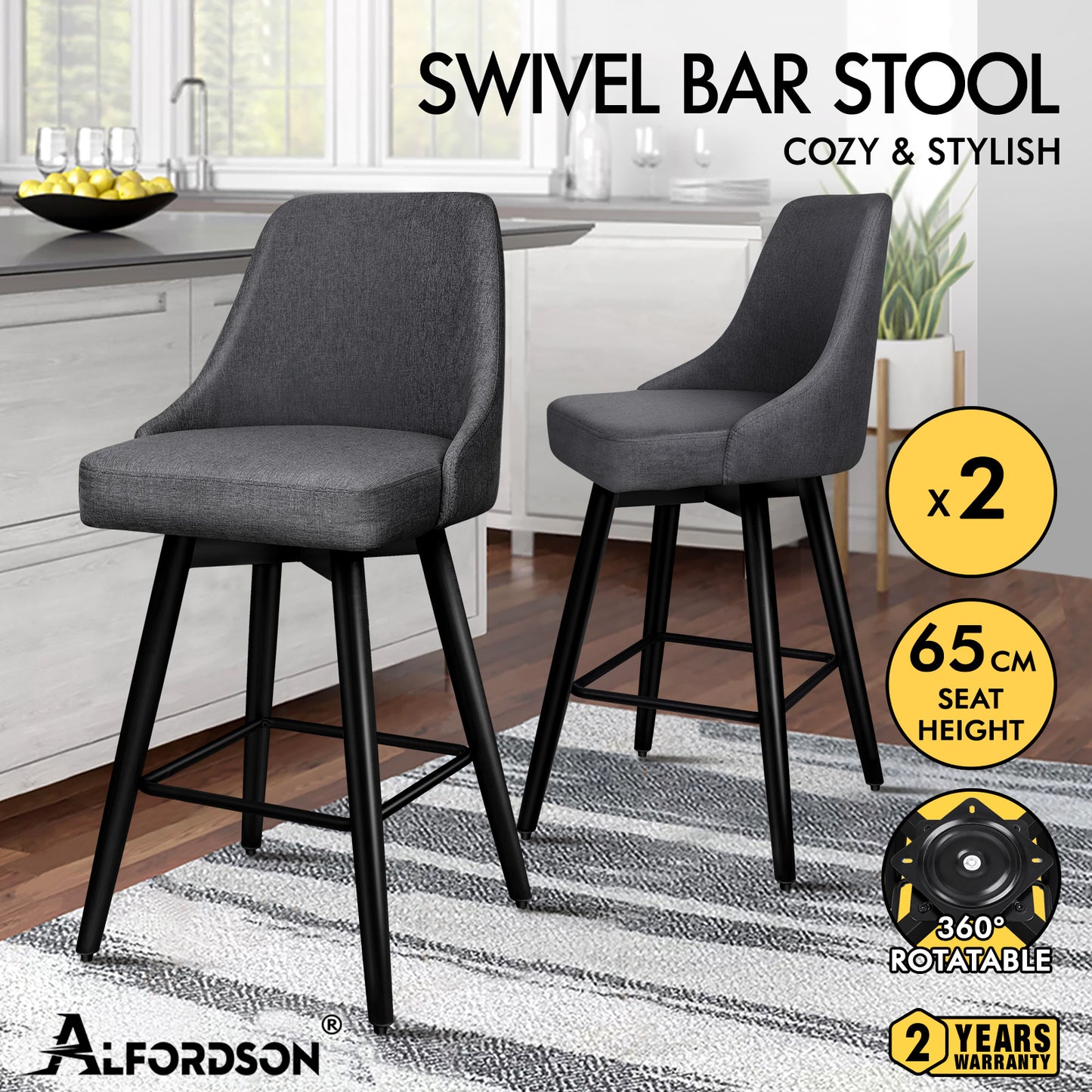 ALFORDSON 2x Swivel Bar Stools Kitchen Dining Chair Cafe Wooden DARK GREY