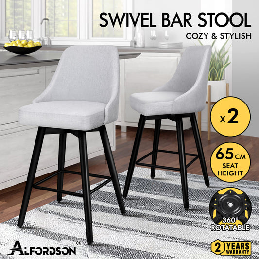 ALFORDSON 2x Swivel Bar Stools Kitchen Dining Chair Cafe Wooden LIGHT GREY