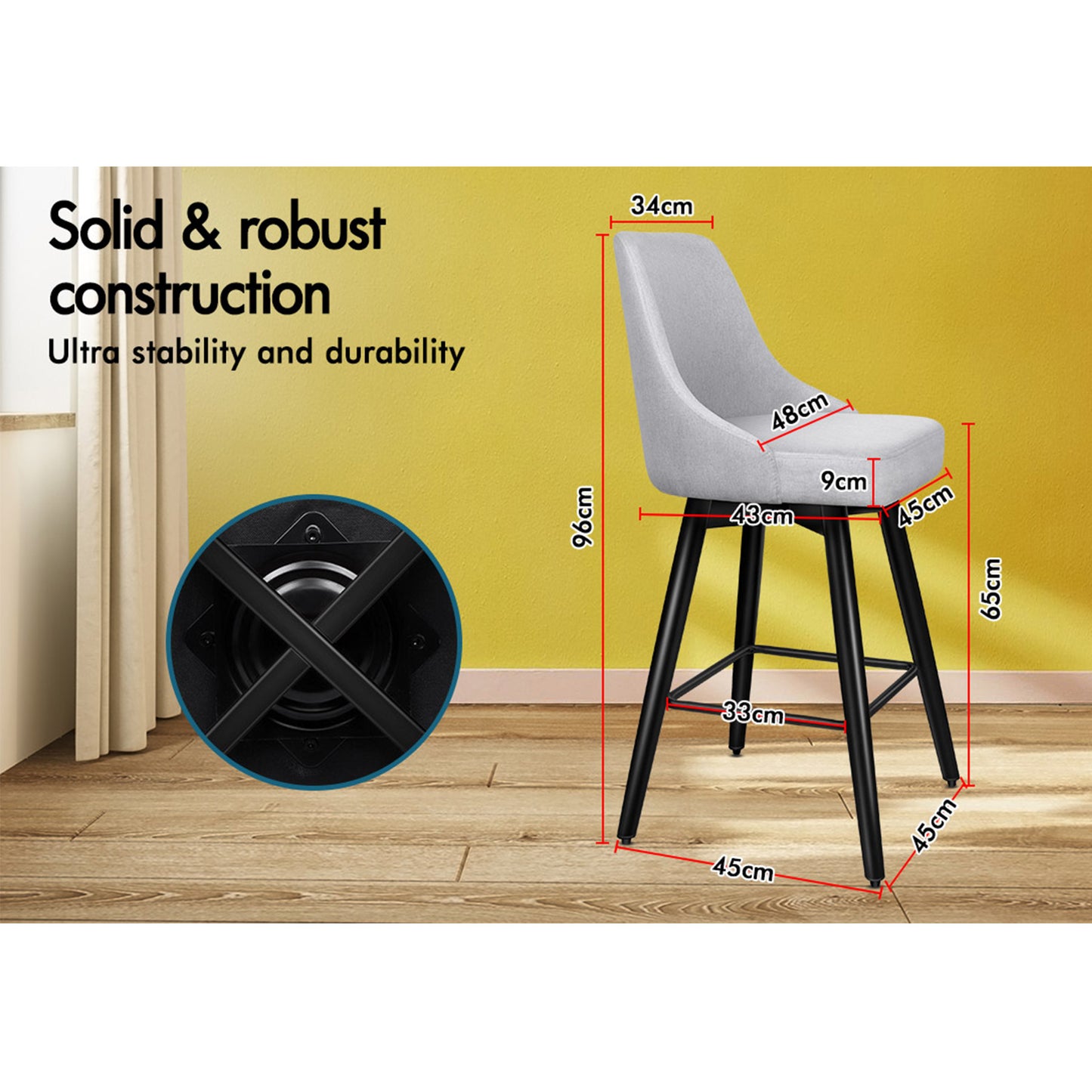 ALFORDSON 2x Swivel Bar Stools Kitchen Dining Chair Cafe Metal GREY