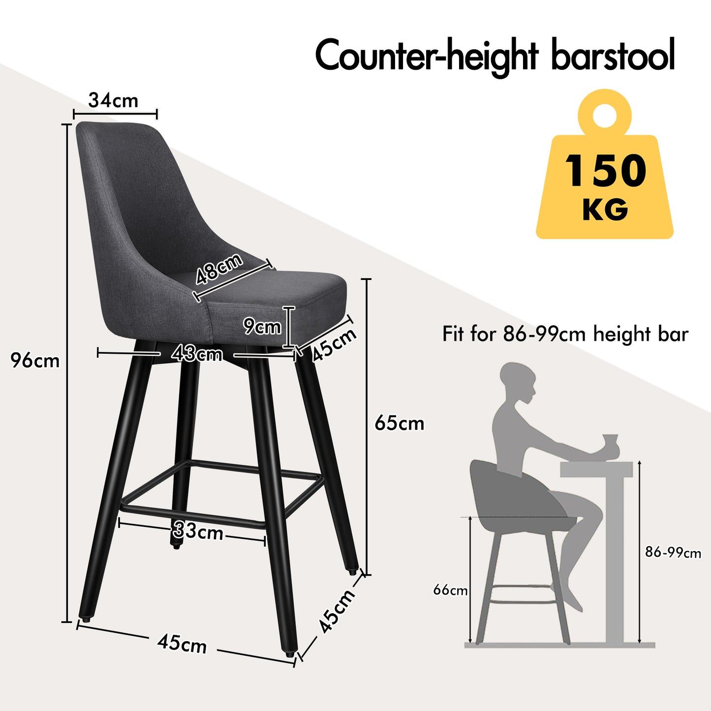 ALFORDSON 2x Swivel Bar Stools Kitchen Dining Chair Cafe Metal DARK GREY