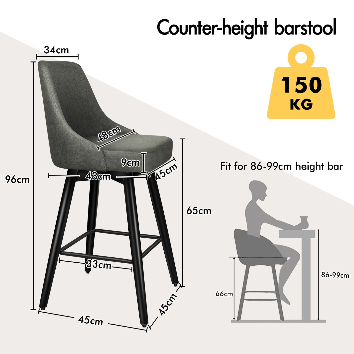 ALFORDSON 2x Swivel Bar Stools Kitchen Dining Chair Cafe Metal DARK GREY