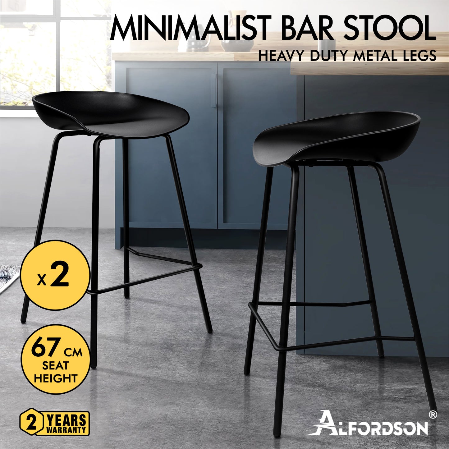 ALFORDSON 2x Kitchen Bar Stools Bar Stool Counter Chairs Metal Black Finn