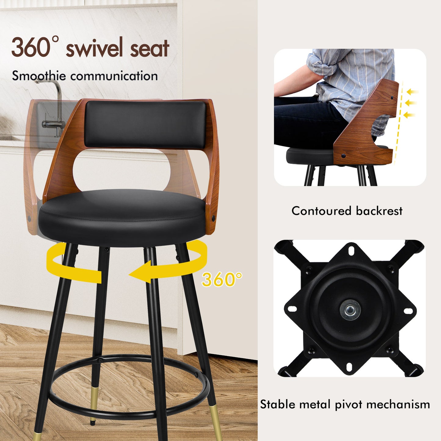 ALFORDSON Bar Stools Set of 2, 360° Swivel, Thick Padded PU Leather Seat, Black