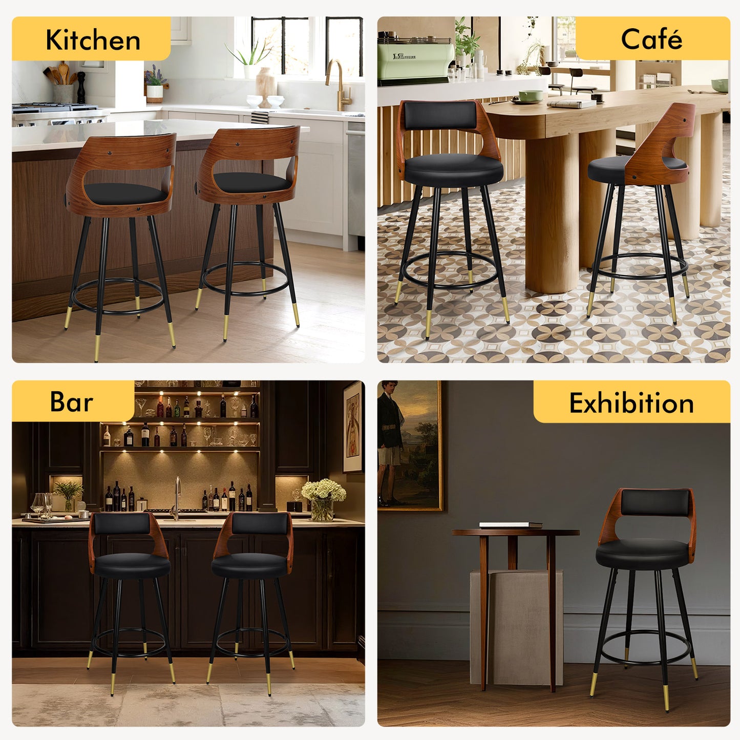 ALFORDSON Bar Stools Set of 2, 360° Swivel, Thick Padded PU Leather Seat, Black