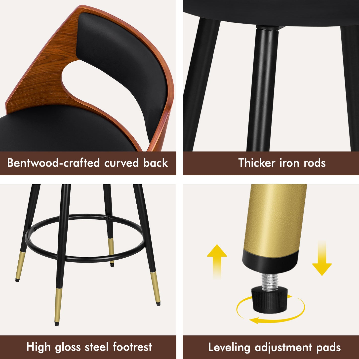 ALFORDSON Bar Stools Set of 2, 360° Swivel, Thick Padded PU Leather Seat, Black
