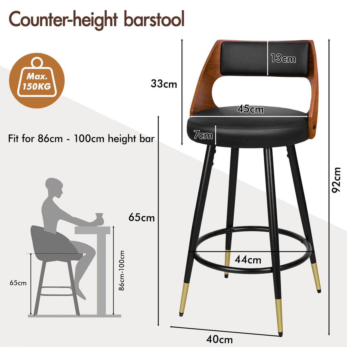 ALFORDSON Bar Stools Set of 4, 360° Swivel, Thick Padded PU Leather Seat, Black