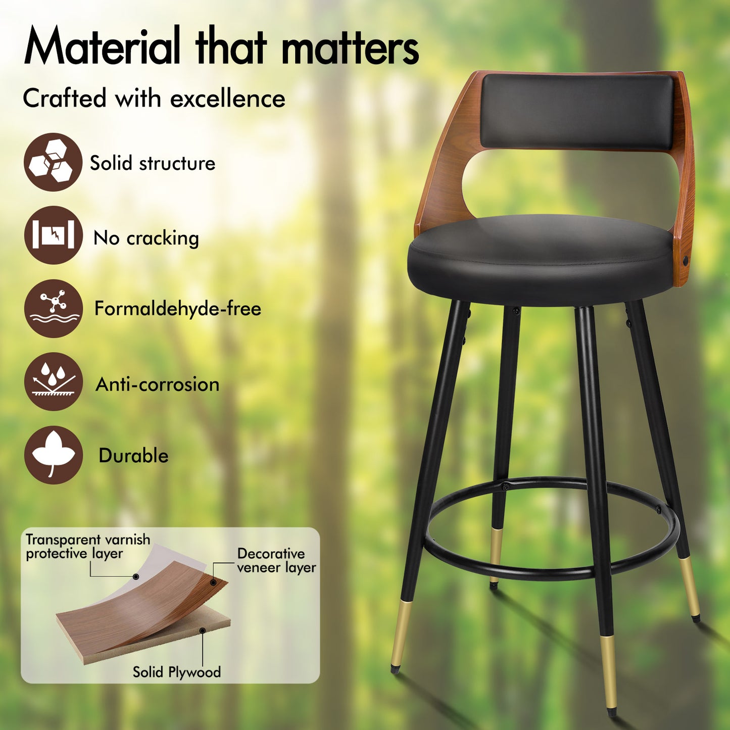 ALFORDSON Bar Stools Set of 4, 360° Swivel, Thick Padded PU Leather Seat, Black