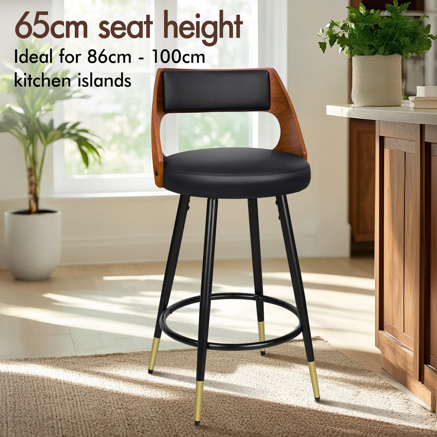 ALFORDSON Bar Stools Set of 4, 360° Swivel, Thick Padded PU Leather Seat, Black
