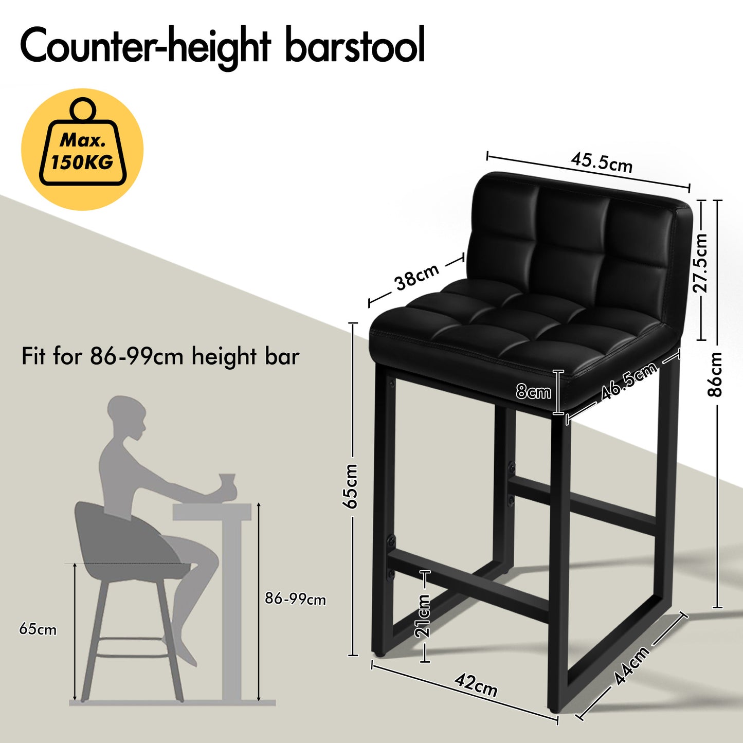 ALFORDSON 65CM Counter Height Bar Stools Set of 4, Metal Frame, Black