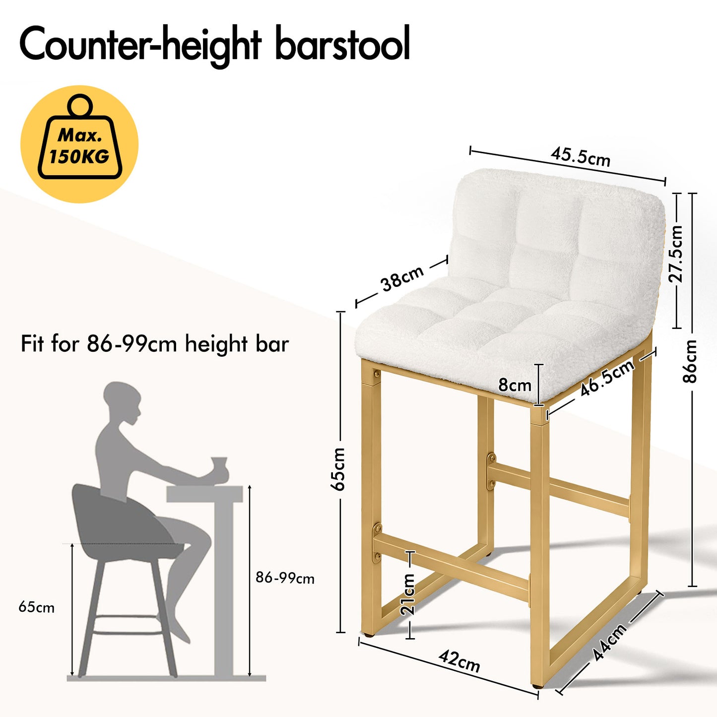 ALFORDSON 65CM Counter Height Bar Stools Set of 4, Metal Frame, White