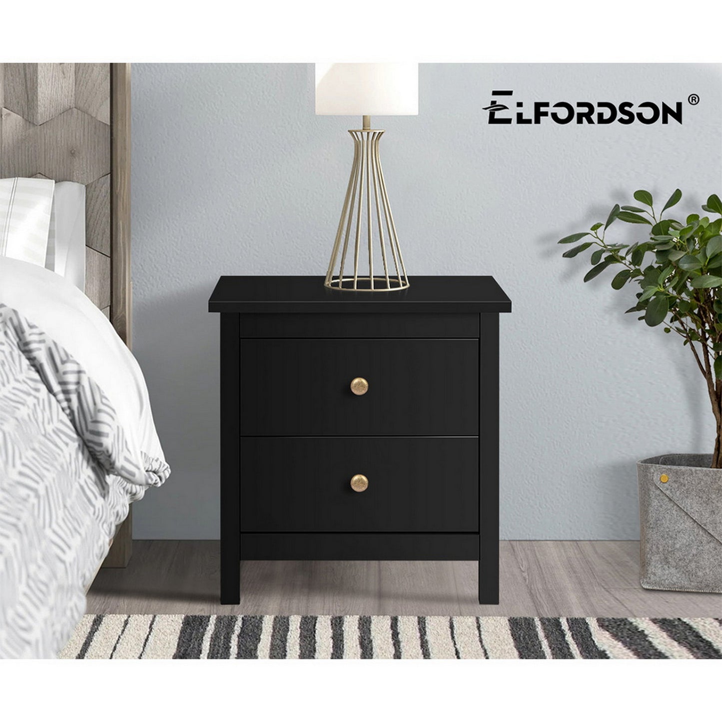 ELFORDSON Bedside Table Hamptons Nightstand Storage Side End 2 Drawers Black