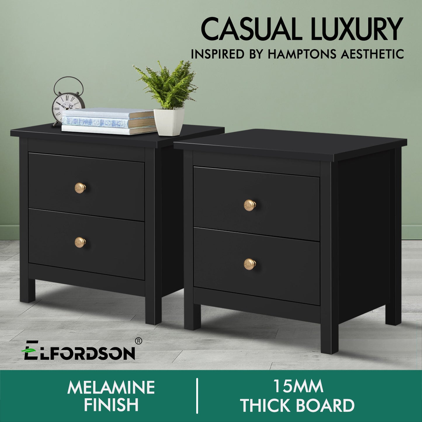 ELFORDSON Bedside Table 2 Drawers Wooden Storage Cabinet Chest Shelf Nightstand