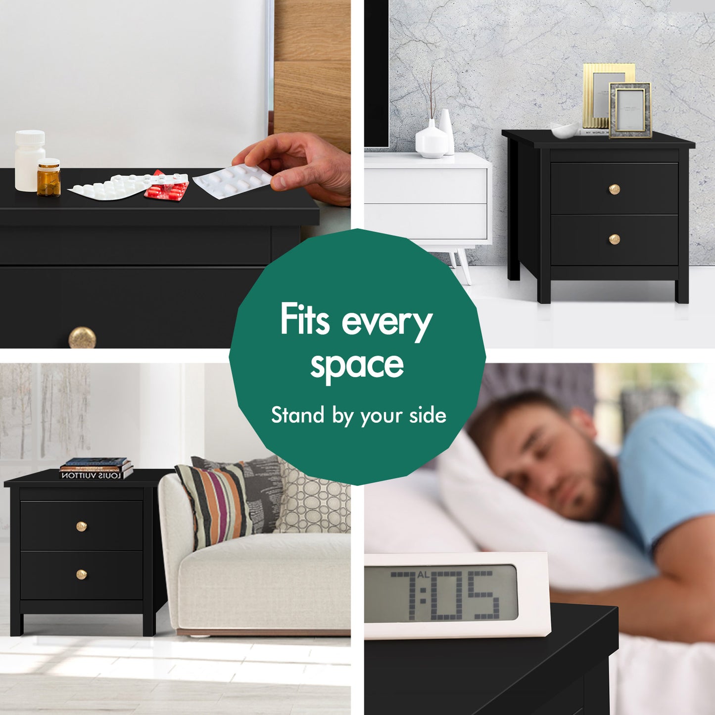 ELFORDSON Bedside Table 2 Drawers Wooden Storage Cabinet Chest Shelf Nightstand