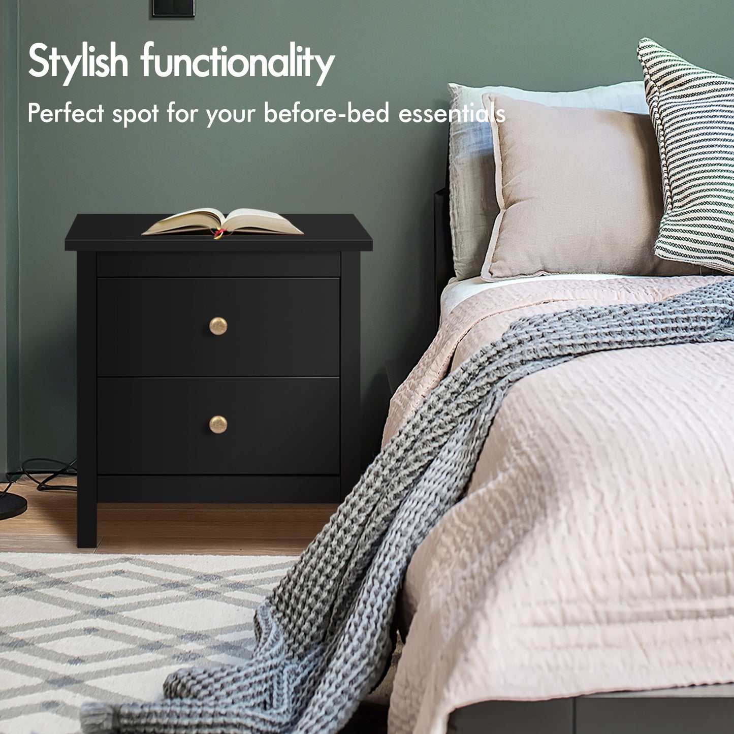 ELFORDSON Bedside Table 2 Drawers Wooden Storage Cabinet Chest Shelf Nightstand