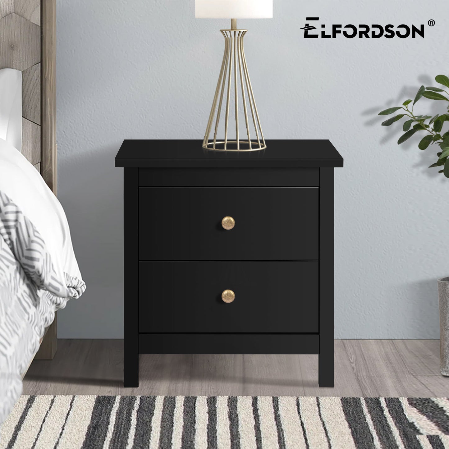 ELFORDSON Bedside Table 2 Drawers Wooden Storage Cabinet Chest Shelf Nightstand