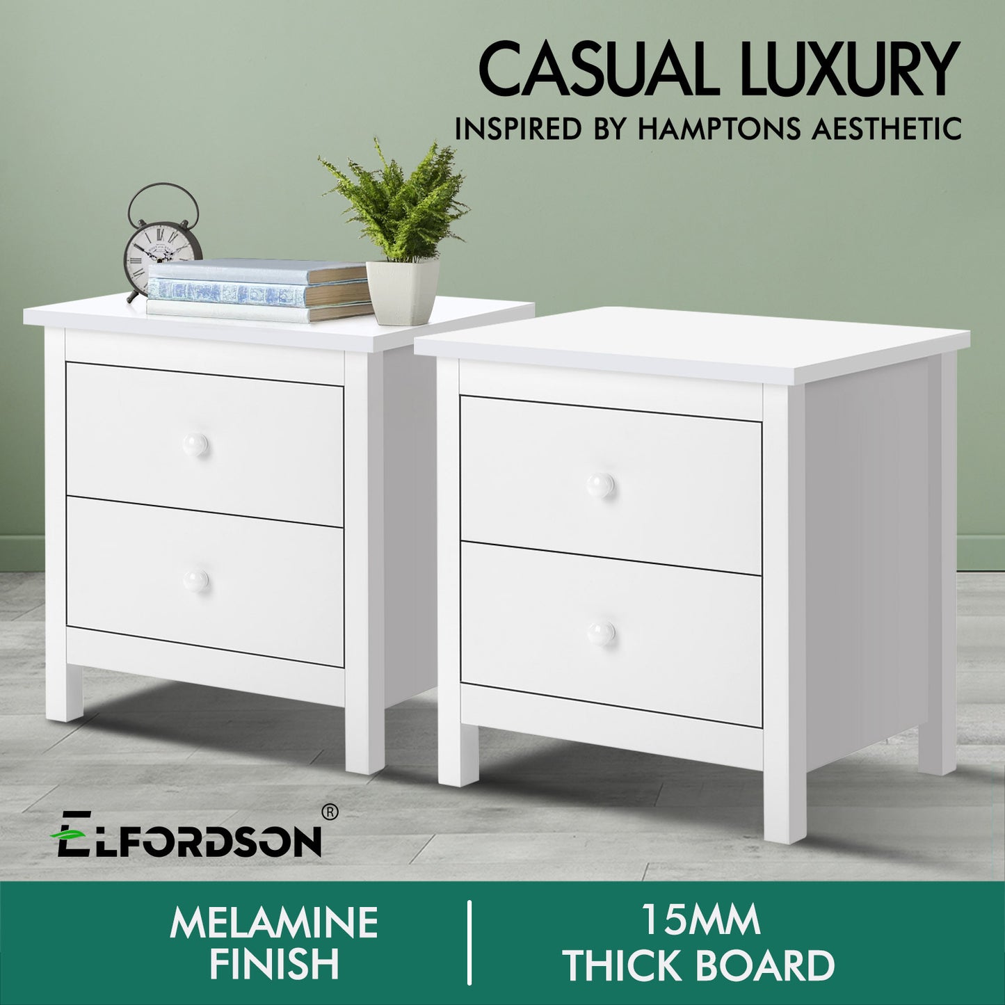 ELFORDSON Bedside Table 2 Drawer Wooden Storage Cabinet Bedroom Living Room Home