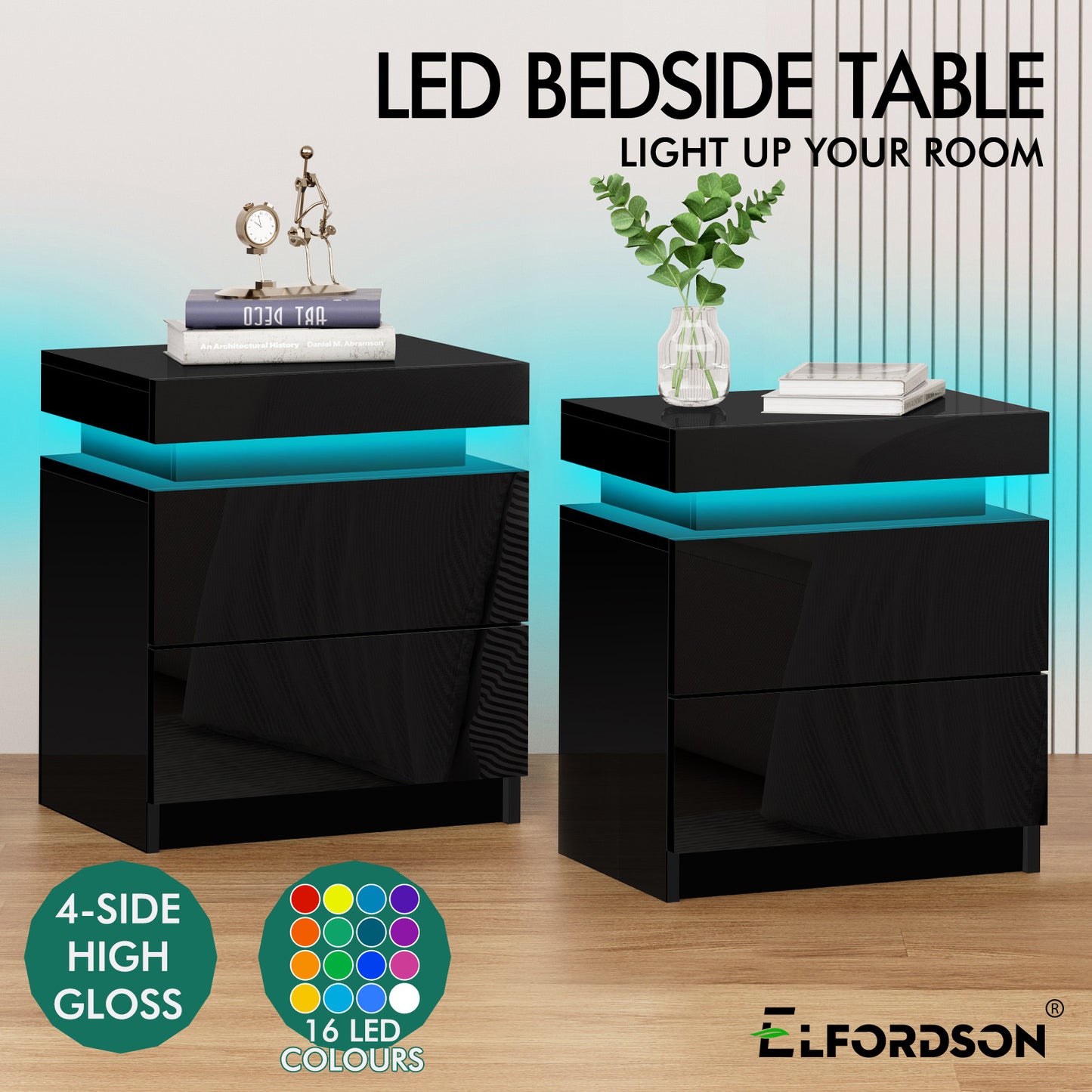ELFORDSON Bedside Table 2 Drawer LED Storage Cabinet Chest High Gloss Nightstand