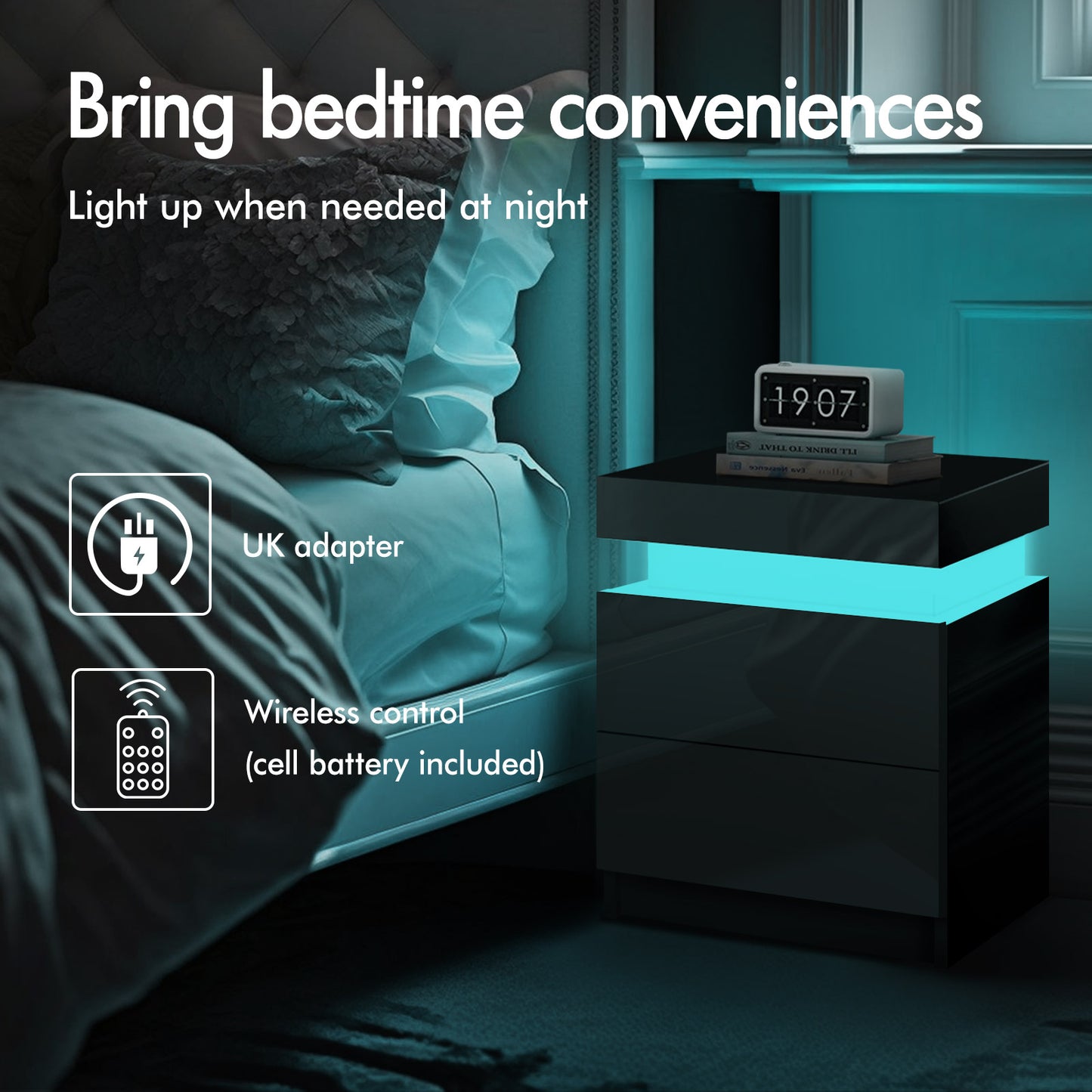 ELFORDSON Bedside Table 2 Drawer LED Storage Cabinet Chest High Gloss Nightstand