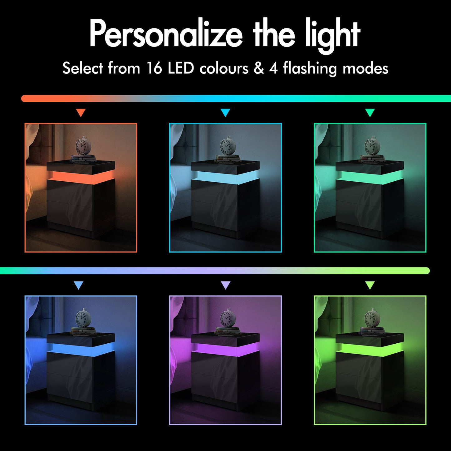 ELFORDSON Bedside Table 2 Drawer LED Storage Cabinet Chest High Gloss Nightstand