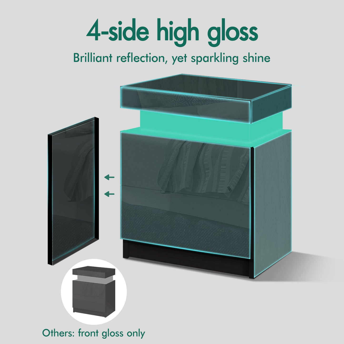ELFORDSON Bedside Table 2 Drawer LED Storage Cabinet Chest High Gloss Nightstand