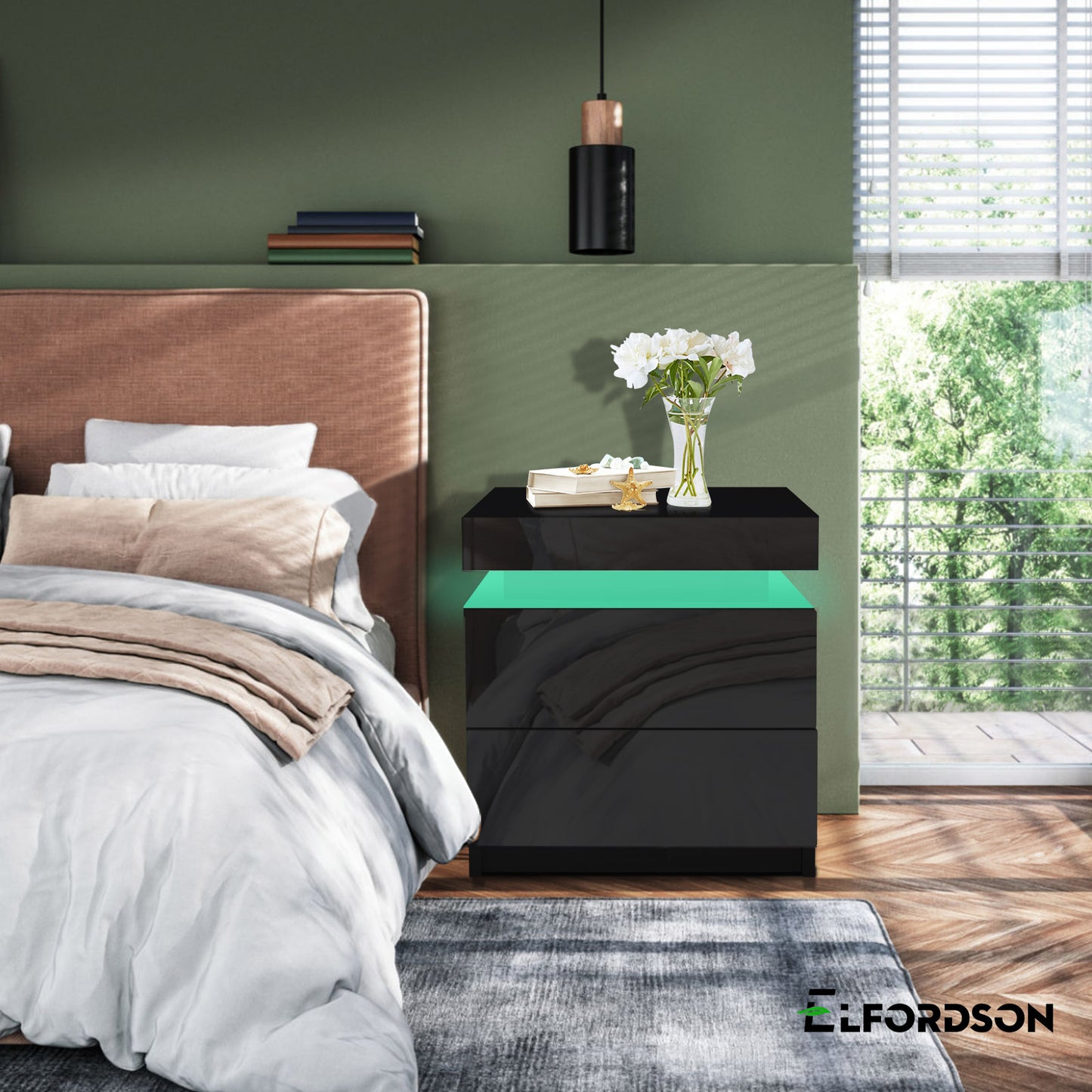ELFORDSON Bedside Table 2 Drawer LED Storage Cabinet Chest High Gloss Nightstand
